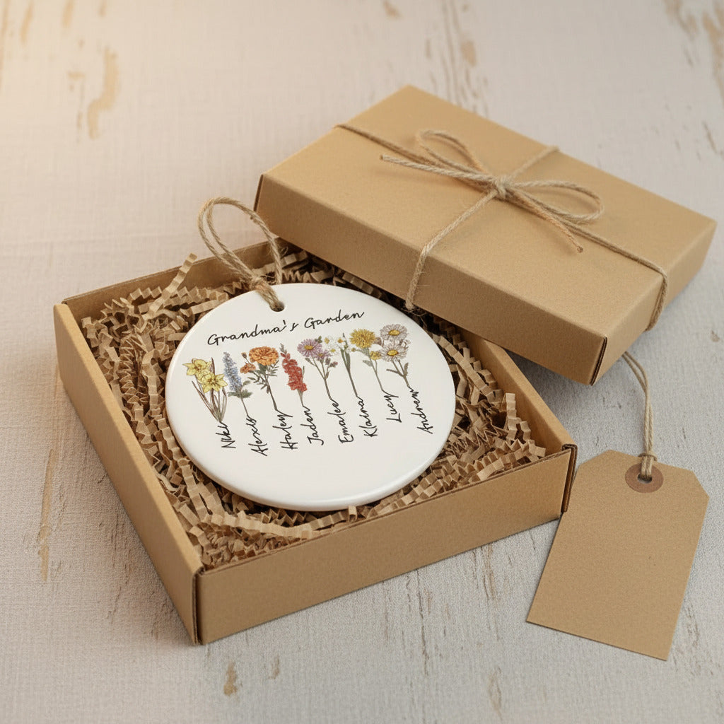 Birth Flower Ceramic Ornament for Grandma – Personalized Grandkids Name Garden Keepsake