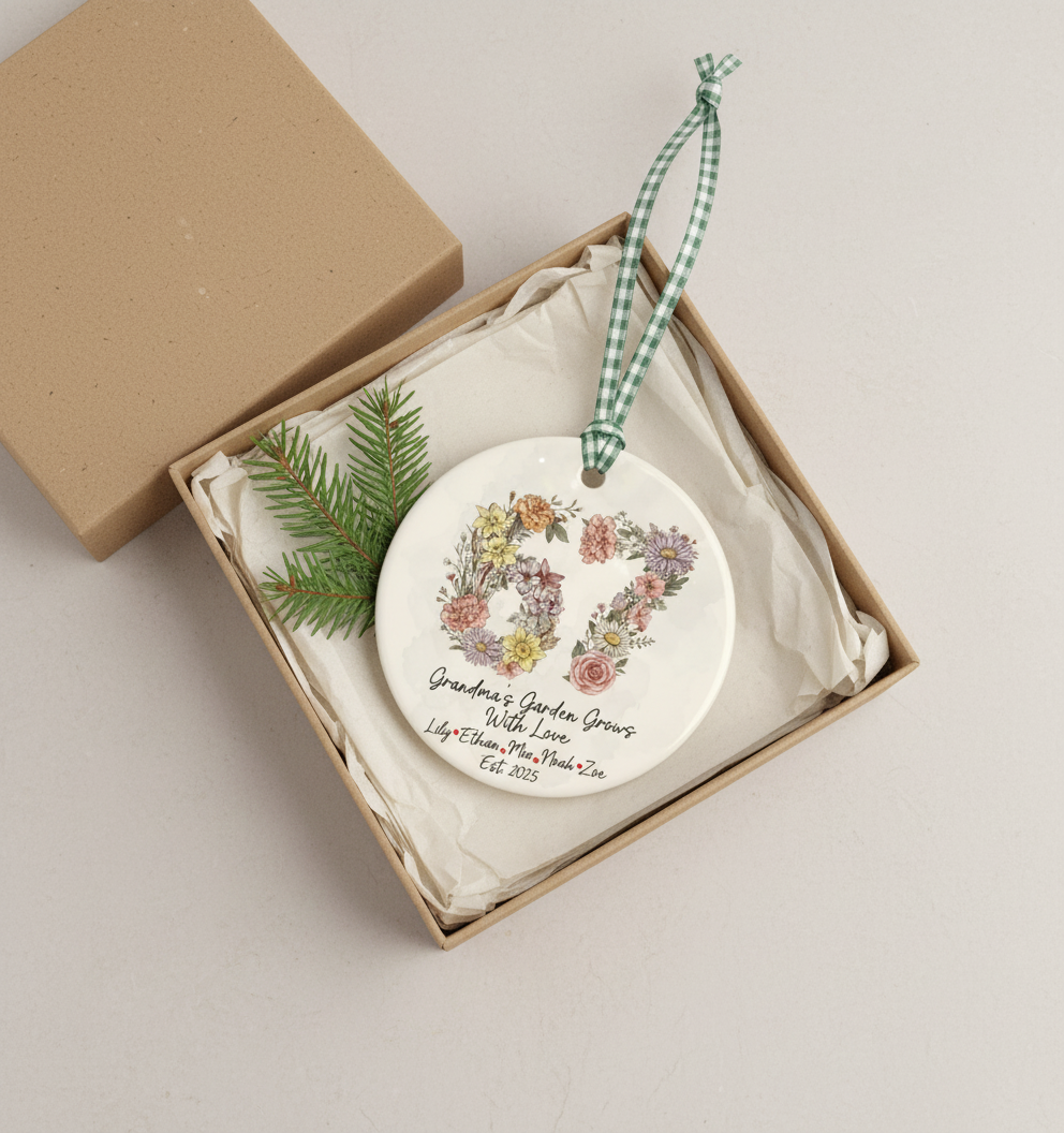 Grandma’s Garden 67 Blooms Ceramic Ornament – Personalized Grandkids Birth Flower Keepsake