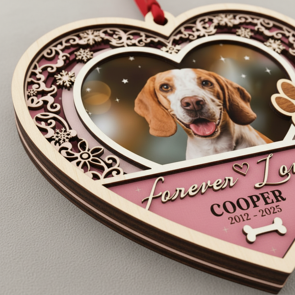 Memorial Heart Paw Ornament for Pet Lovers – Custom Photo Wooden Keepsake