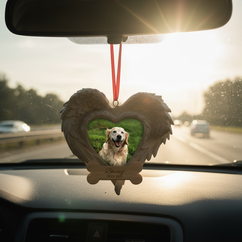Memorial Heart Wings Ornament for Pet Lovers – Custom Photo Wooden Keepsake