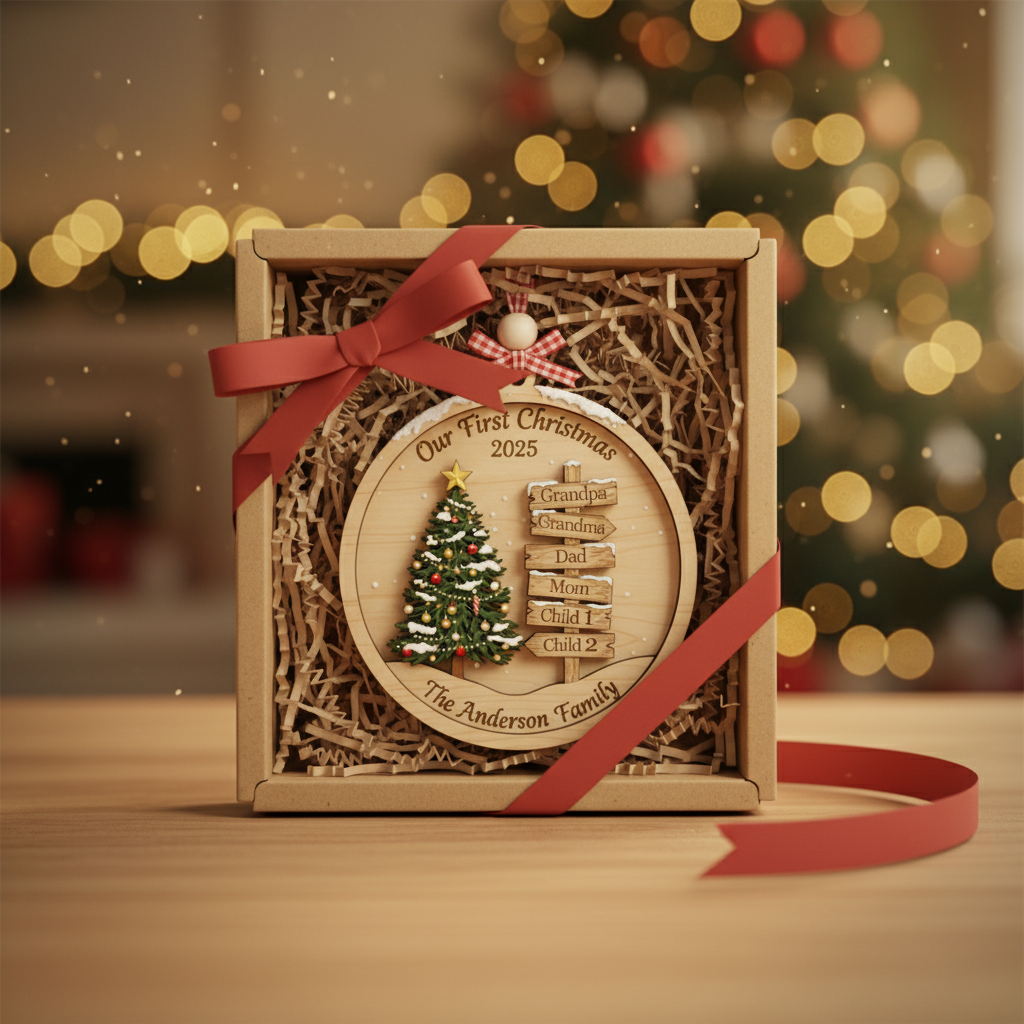 Custom Family Christmas Signpost 3-Layer Double-Sided Wooden Ornament