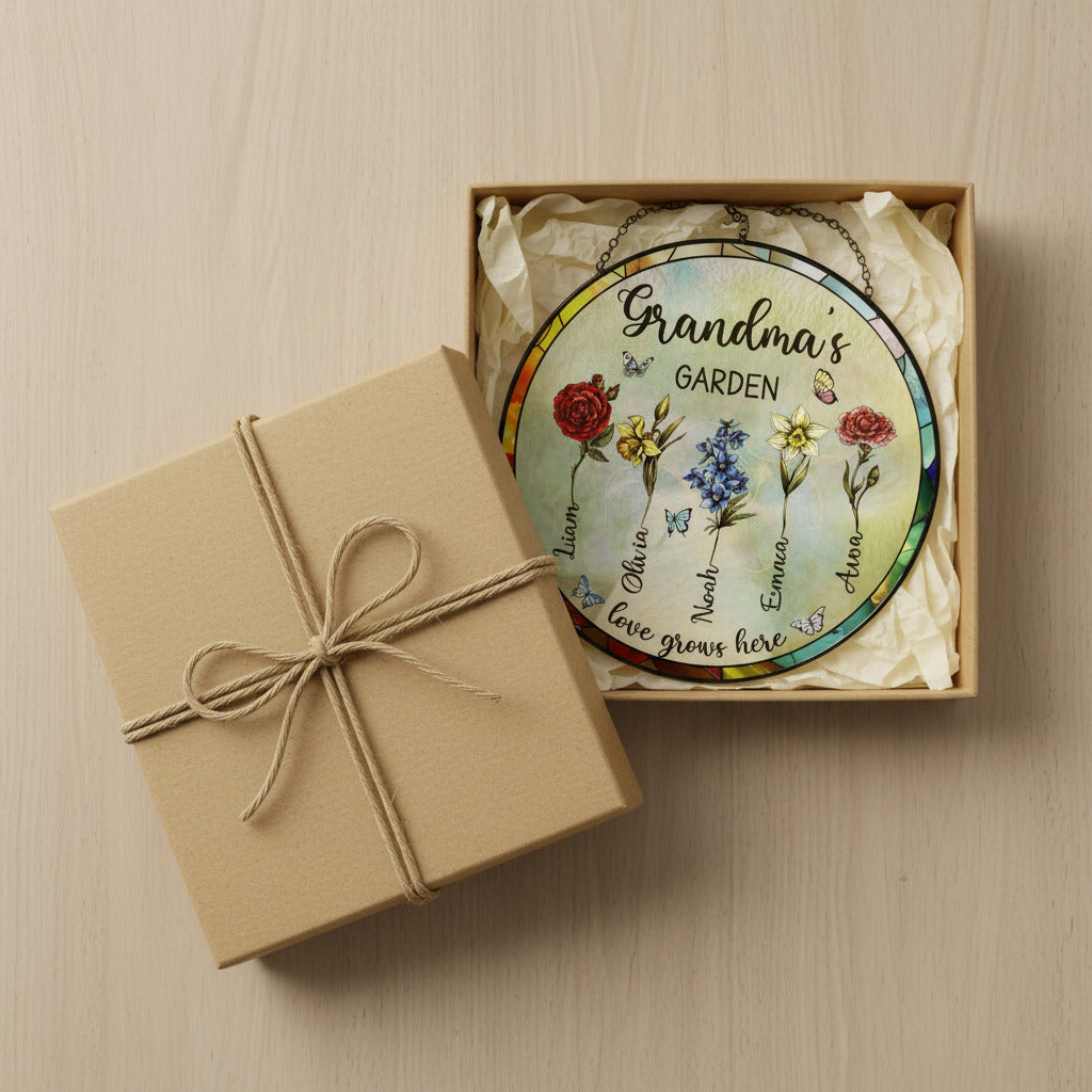 Birth Flower Garden Stained Glass Suncatcher Ornament for Grandma – Personalized Month Bloom Window Keepsake