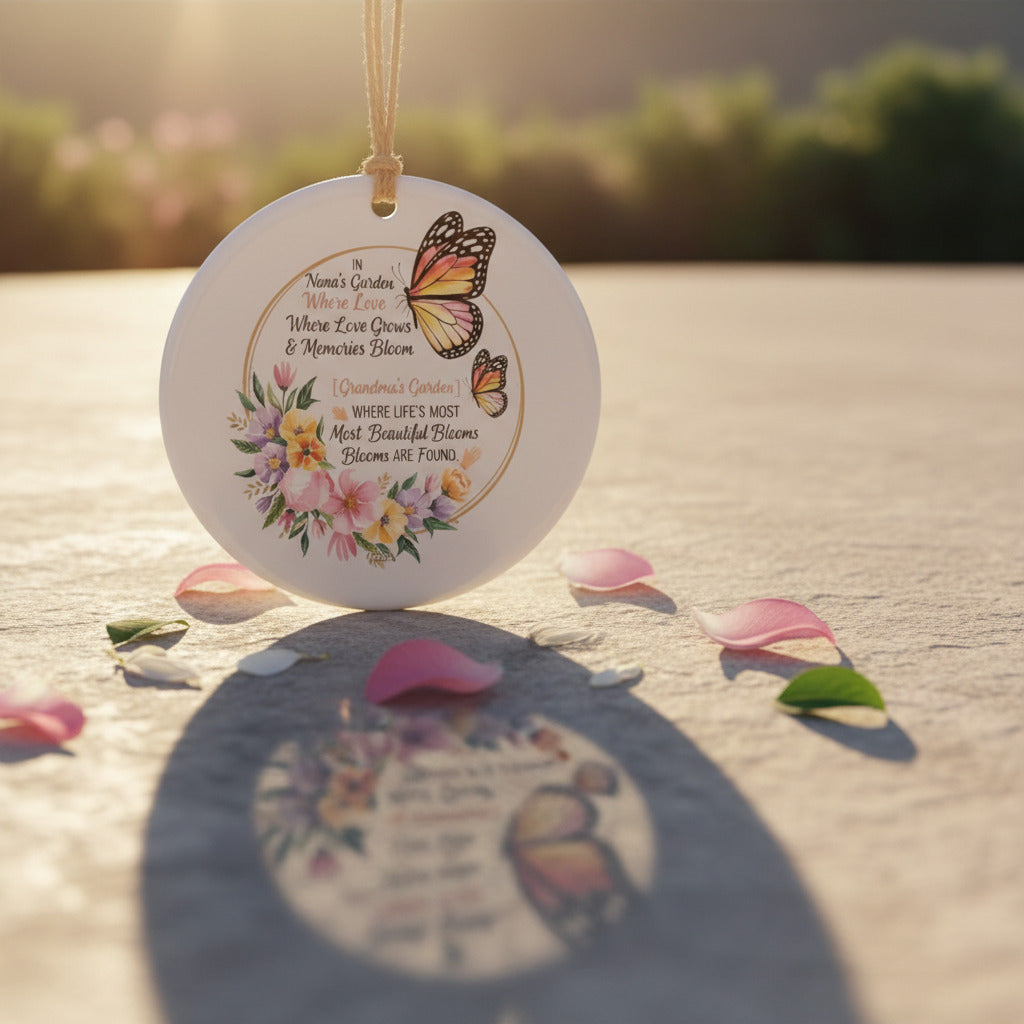 Butterfly Garden Ceramic Ornament for Nana – Personalized Floral Love and Memory Keepsake