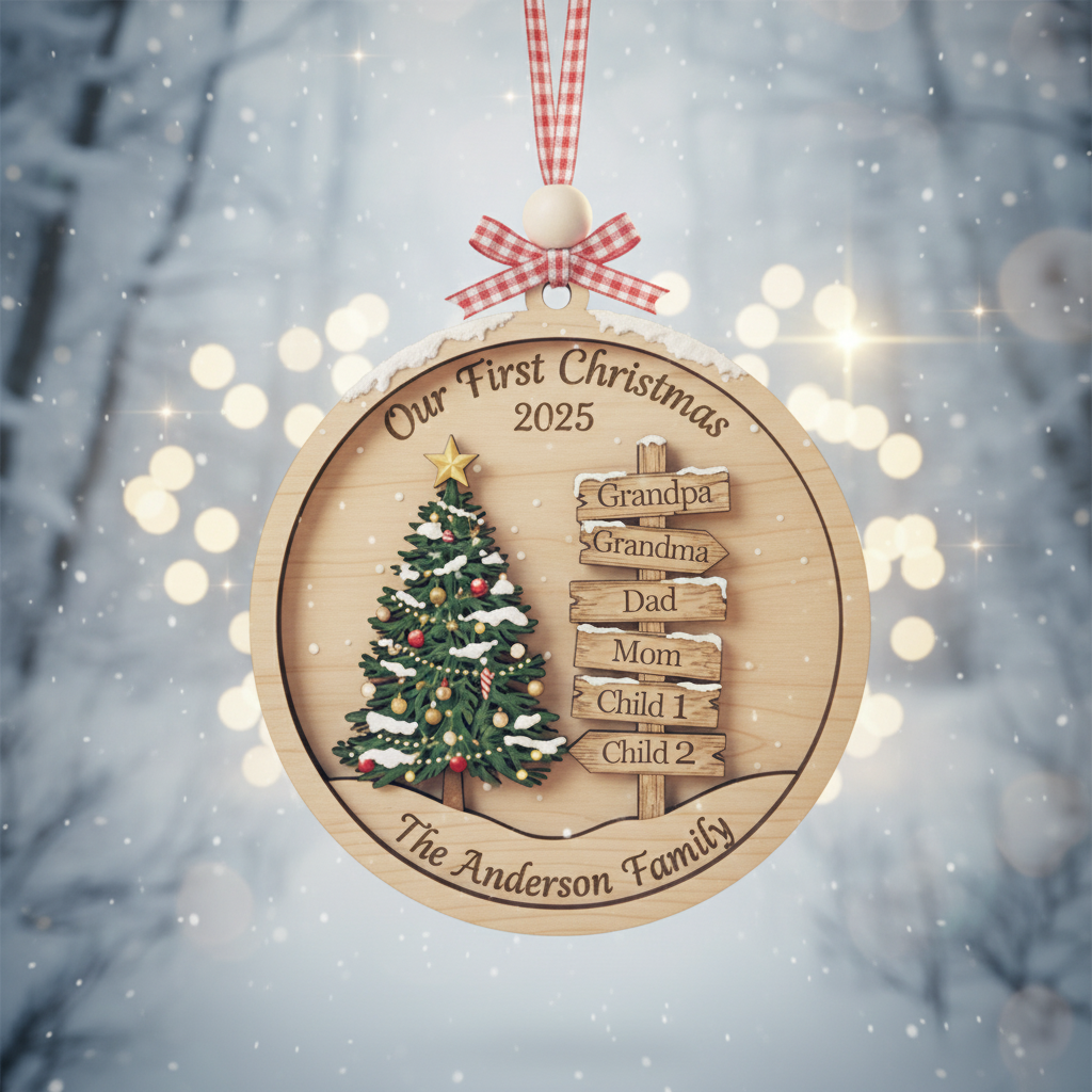 Custom Family Christmas Signpost 3-Layer Double-Sided Wooden Ornament