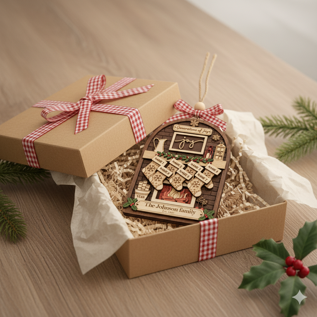 Custom 3-Layer Double-Sided Wooden Ornament with Names & Year