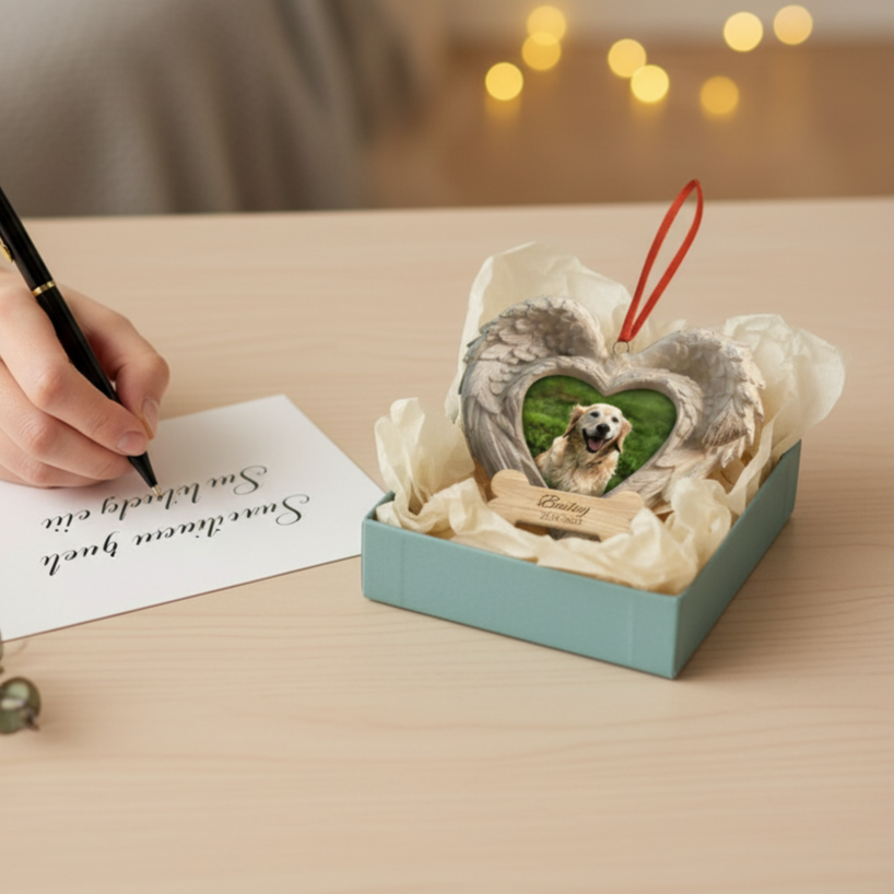 Memorial Heart Wings Ornament for Pet Lovers – Custom Photo Wooden Keepsake