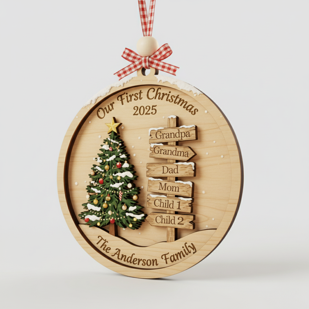 Custom Family Christmas Signpost 3-Layer Double-Sided Wooden Ornament