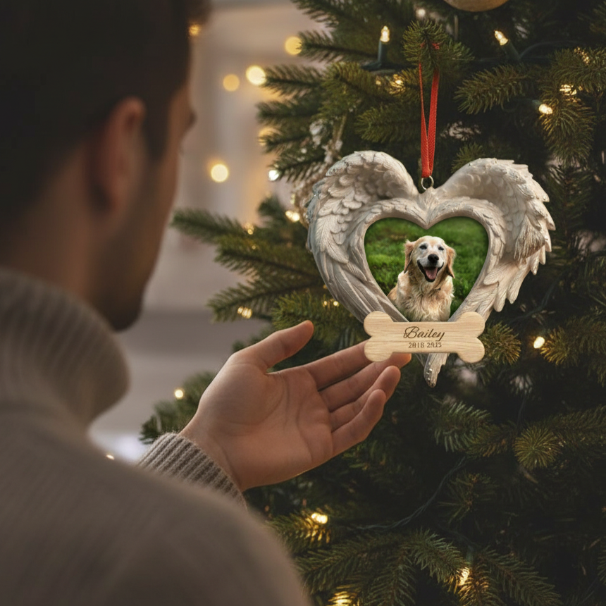 Memorial Heart Wings Ornament for Pet Lovers – Custom Photo Wooden Keepsake