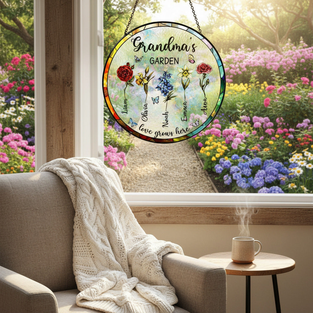 Birth Flower Garden Stained Glass Suncatcher Ornament for Grandma – Personalized Month Bloom Window Keepsake