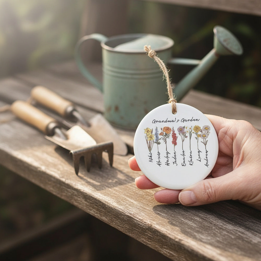 Birth Flower Ceramic Ornament for Grandma – Personalized Grandkids Name Garden Keepsake