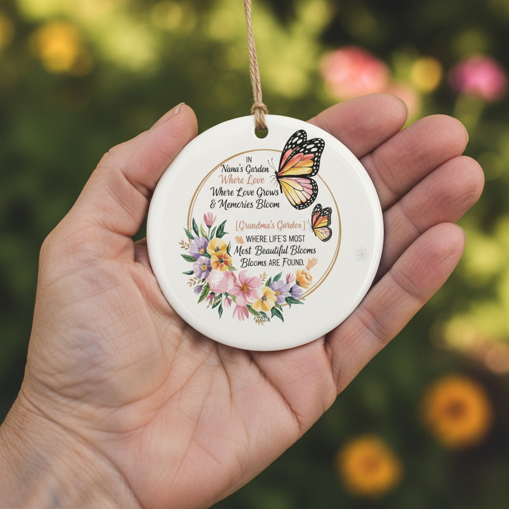 Butterfly Garden Ceramic Ornament for Nana – Personalized Floral Love and Memory Keepsake