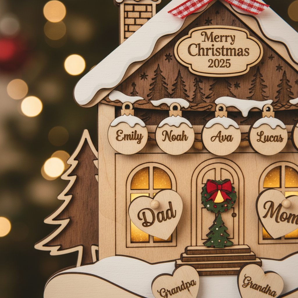 Personalized Family House Christmas 3 Layered Wooden Ornament