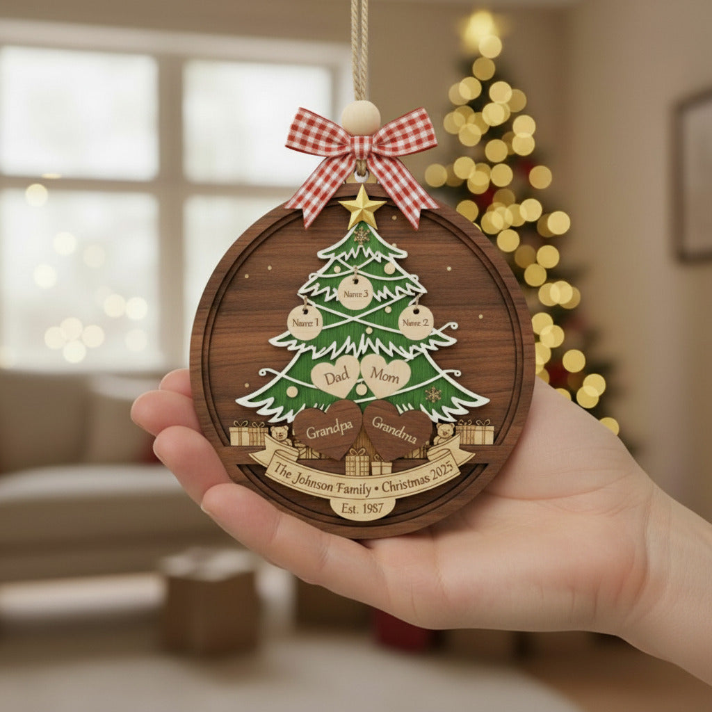 Custom Family Christmas Tree 3-Layer Double-Sided Wooden Ornament