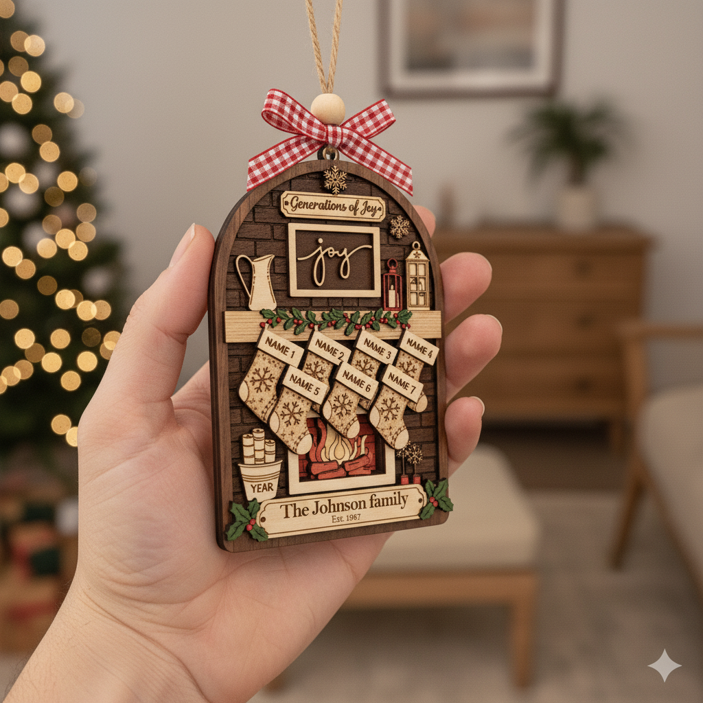 Custom 3-Layer Double-Sided Wooden Ornament with Names & Year