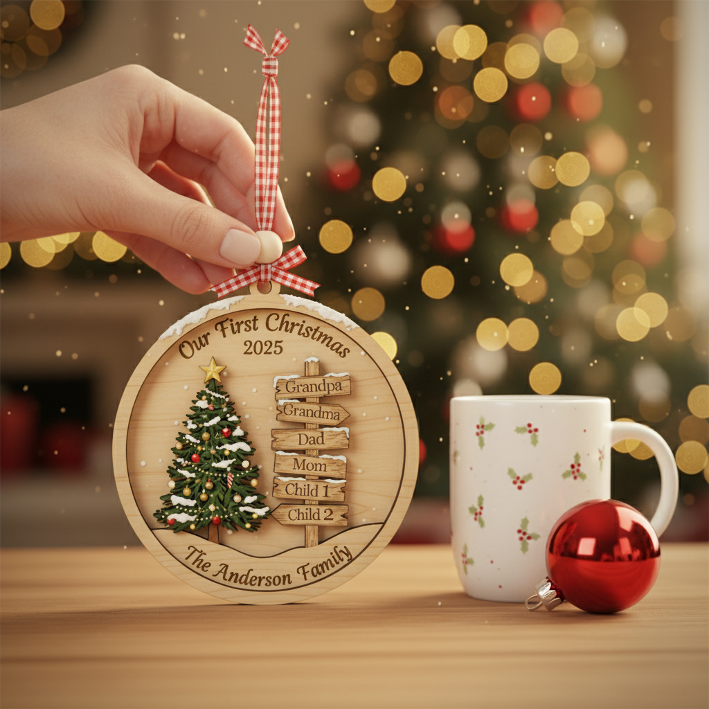 Custom Family Christmas Signpost 3-Layer Double-Sided Wooden Ornament