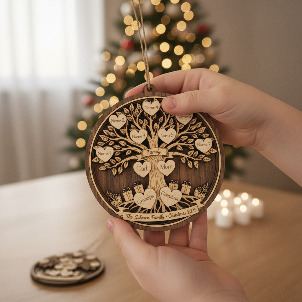 Personalized 3-Layer Double-Sided Wooden Ornament Family Christmas Tree