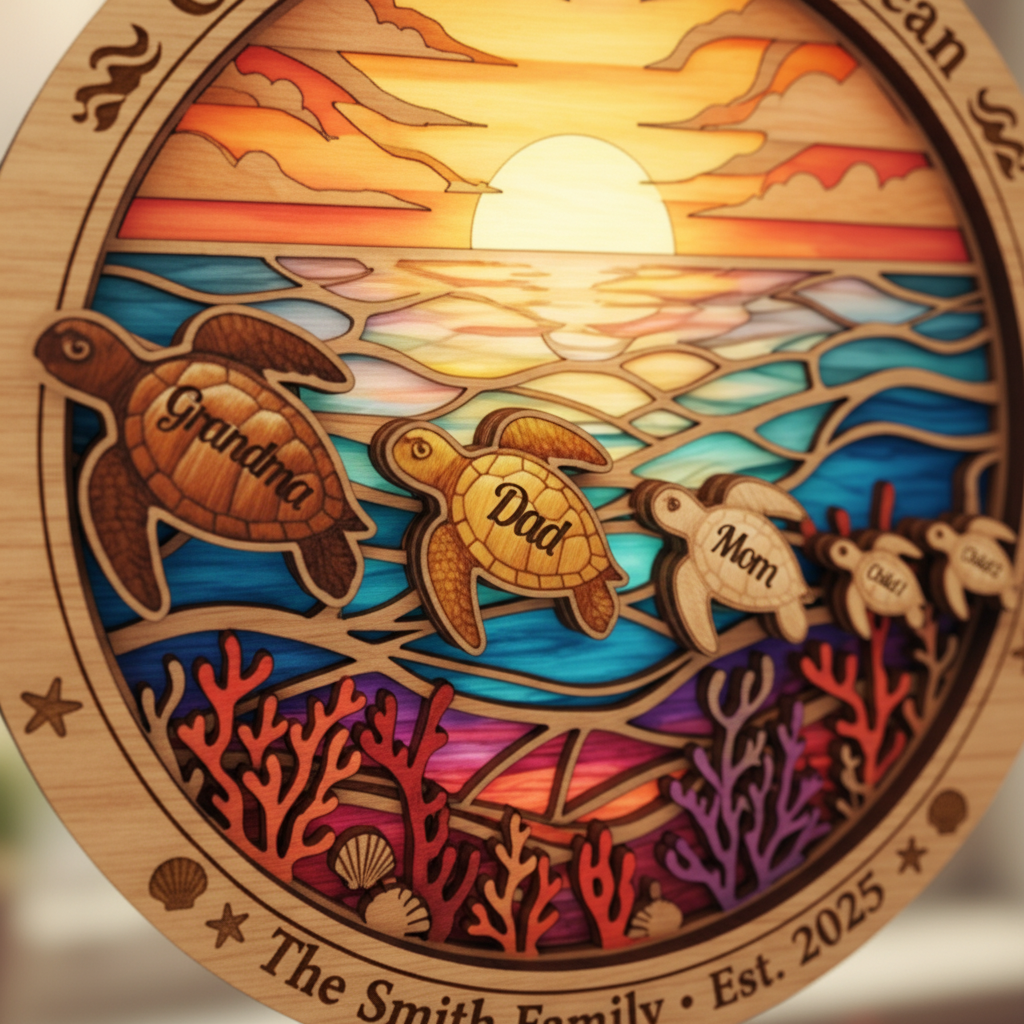 Generations Turtle Family Personalized 3-Layer Double-Sided Wooden Ornament