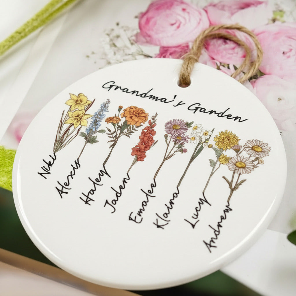 Birth Flower Ceramic Ornament for Grandma – Personalized Grandkids Name Garden Keepsake
