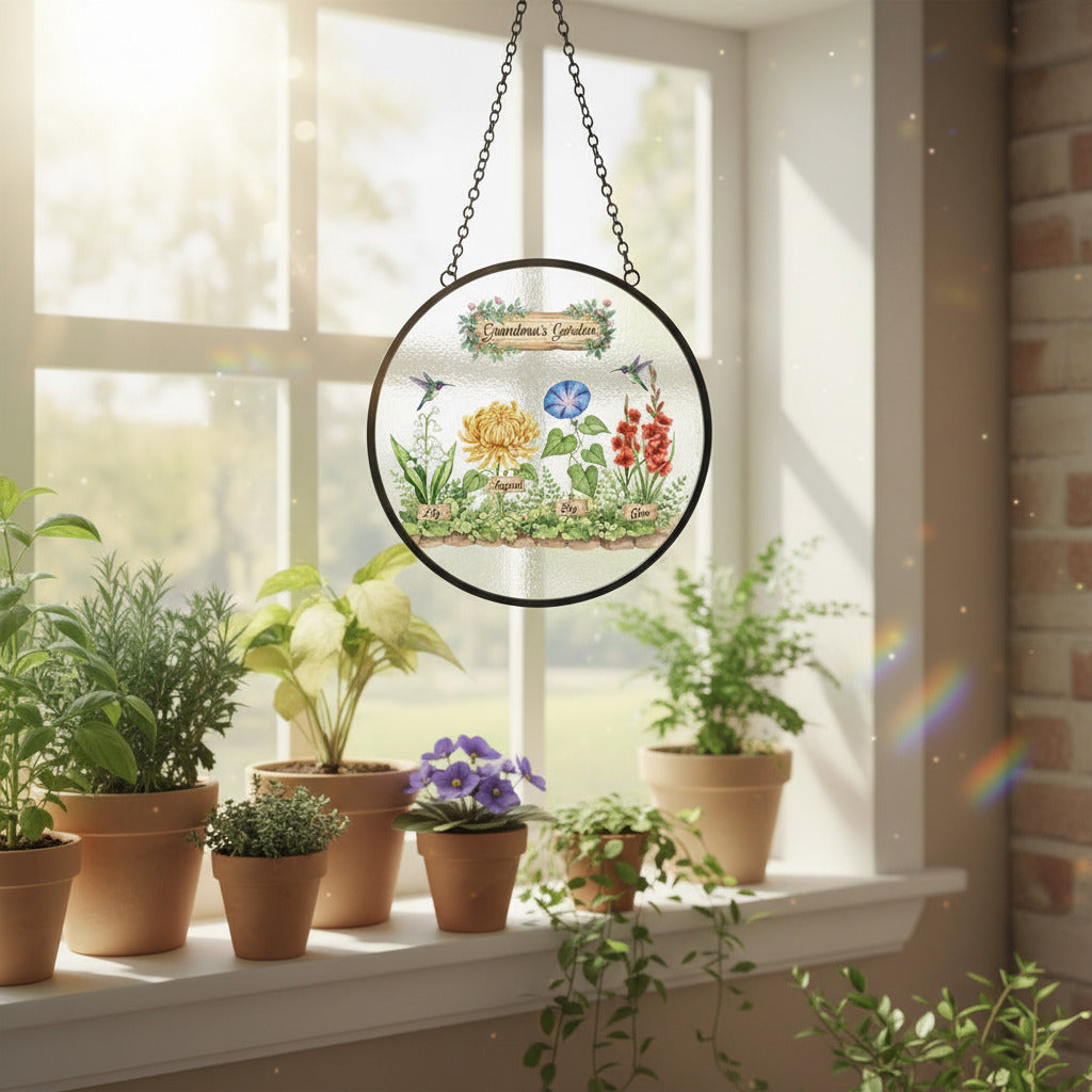 Birth Flower Stained Glass Suncatcher Ornament for Grandma – Personalized Grandkids Name Garden Keepsake