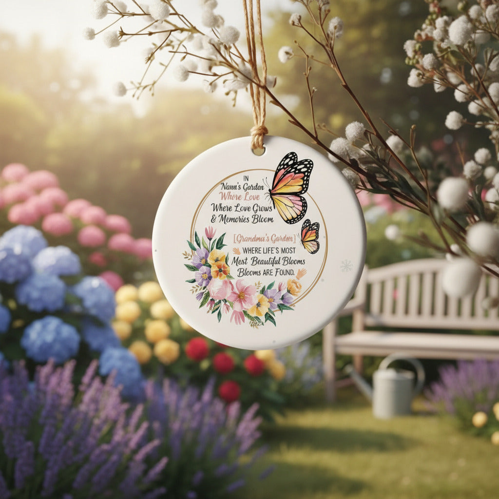 Butterfly Garden Ceramic Ornament for Nana – Personalized Floral Love and Memory Keepsake