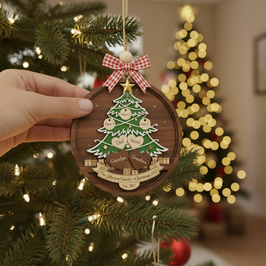 Custom Family Christmas Tree 3-Layer Double-Sided Wooden Ornament