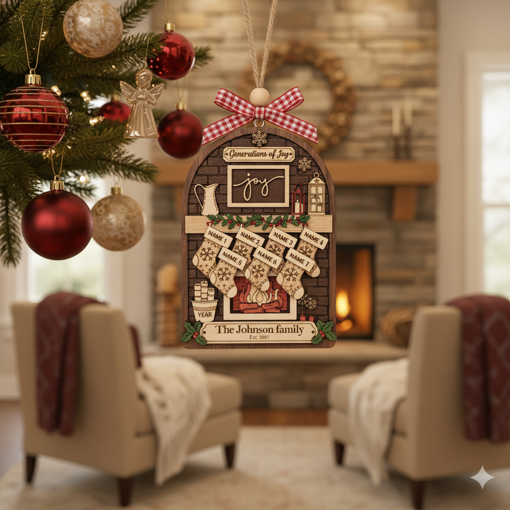 Custom 3-Layer Double-Sided Wooden Ornament with Names & Year