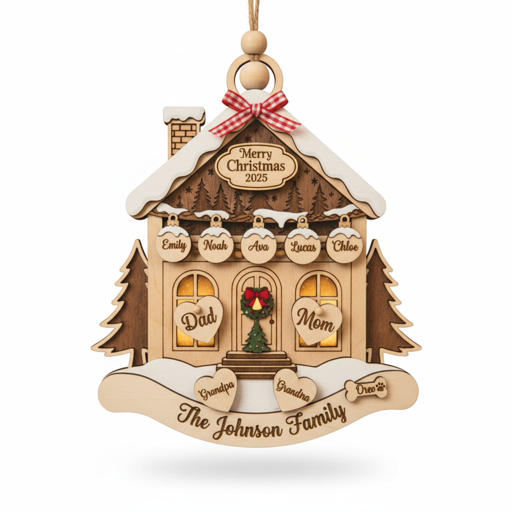 Personalized Family House Christmas 3 Layered Wooden Ornament