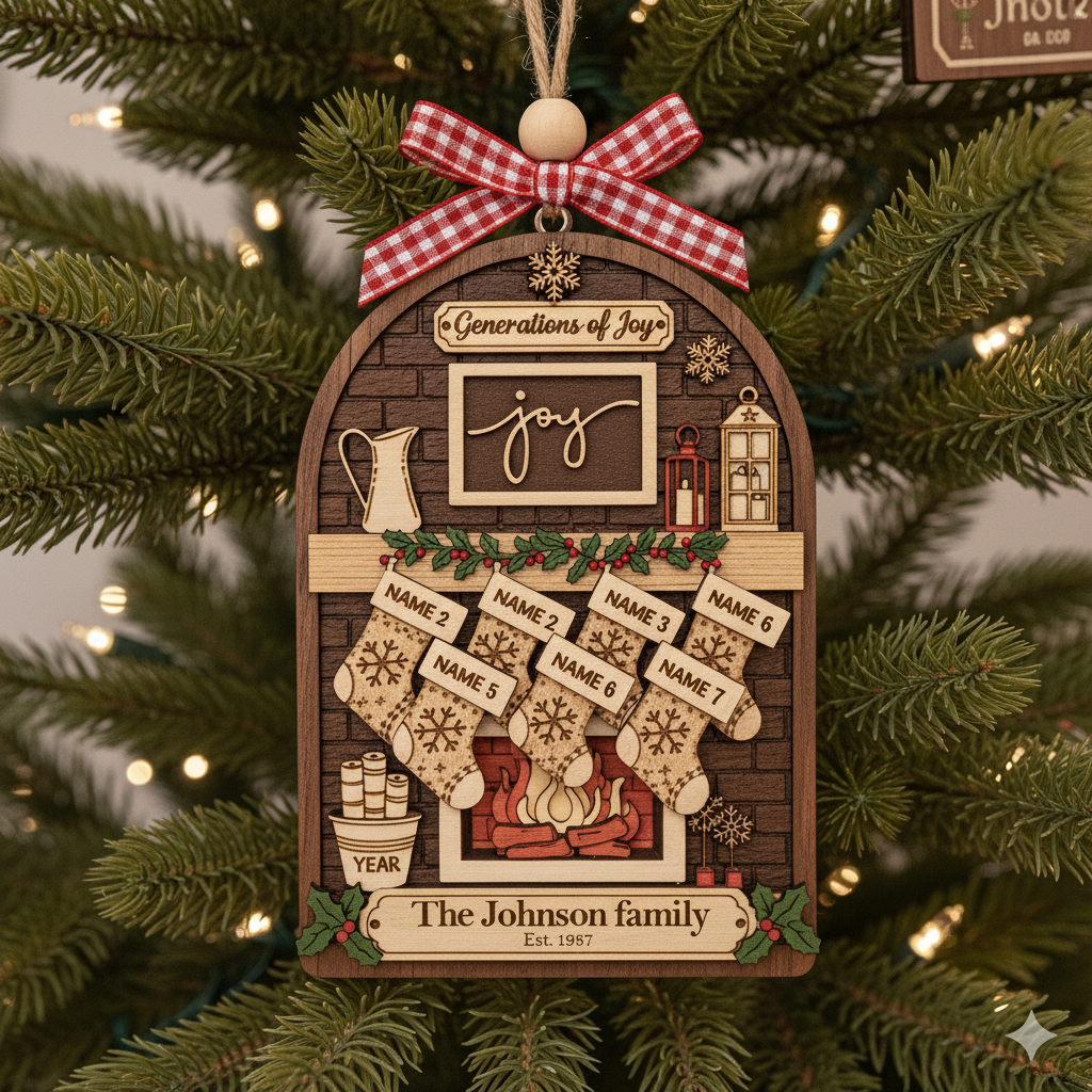 Custom 3-Layer Double-Sided Wooden Ornament with Names & Year