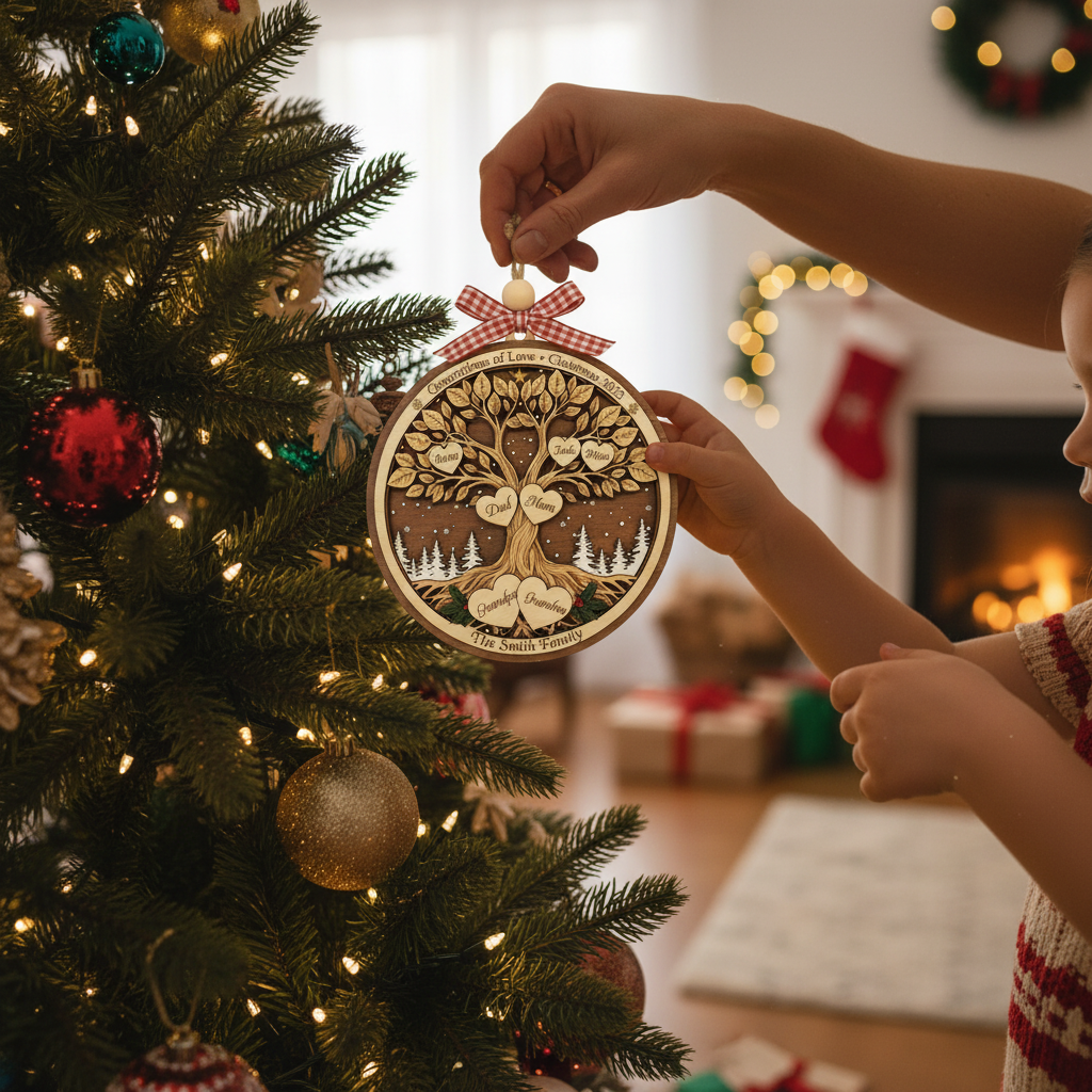 Personalized Family Tree Christmas 3-Layer Double-Sided Wooden Ornament