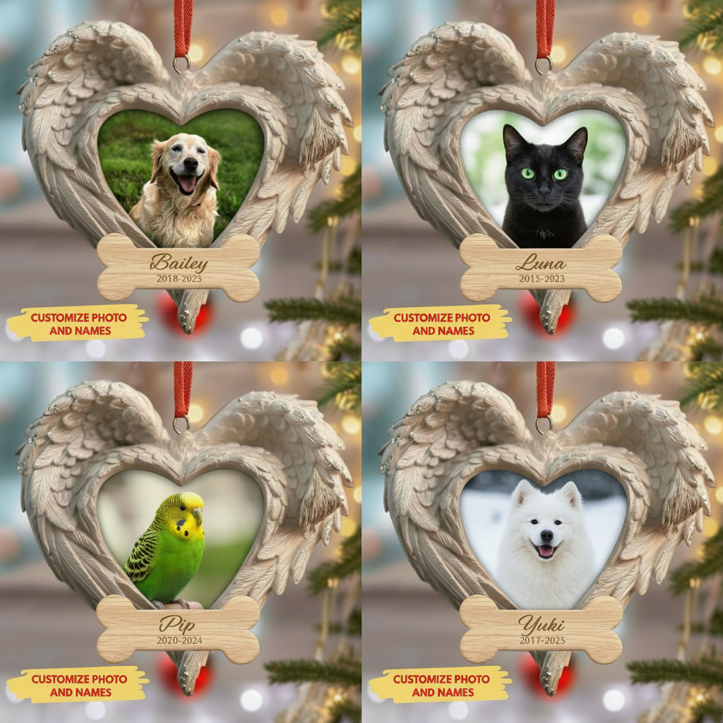 Memorial Heart Wings Ornament for Pet Lovers – Custom Photo Wooden Keepsake