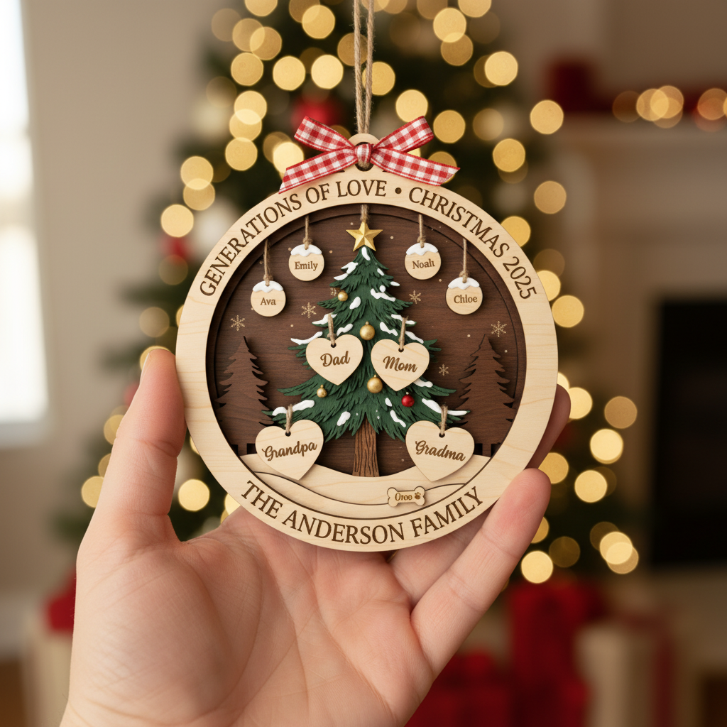 Personalized Generations of Love Christmas 3 Layered Wooden Ornament