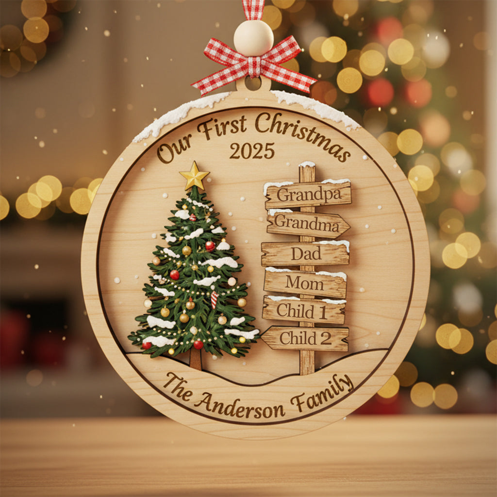 Custom Family Christmas Signpost 3-Layer Double-Sided Wooden Ornament