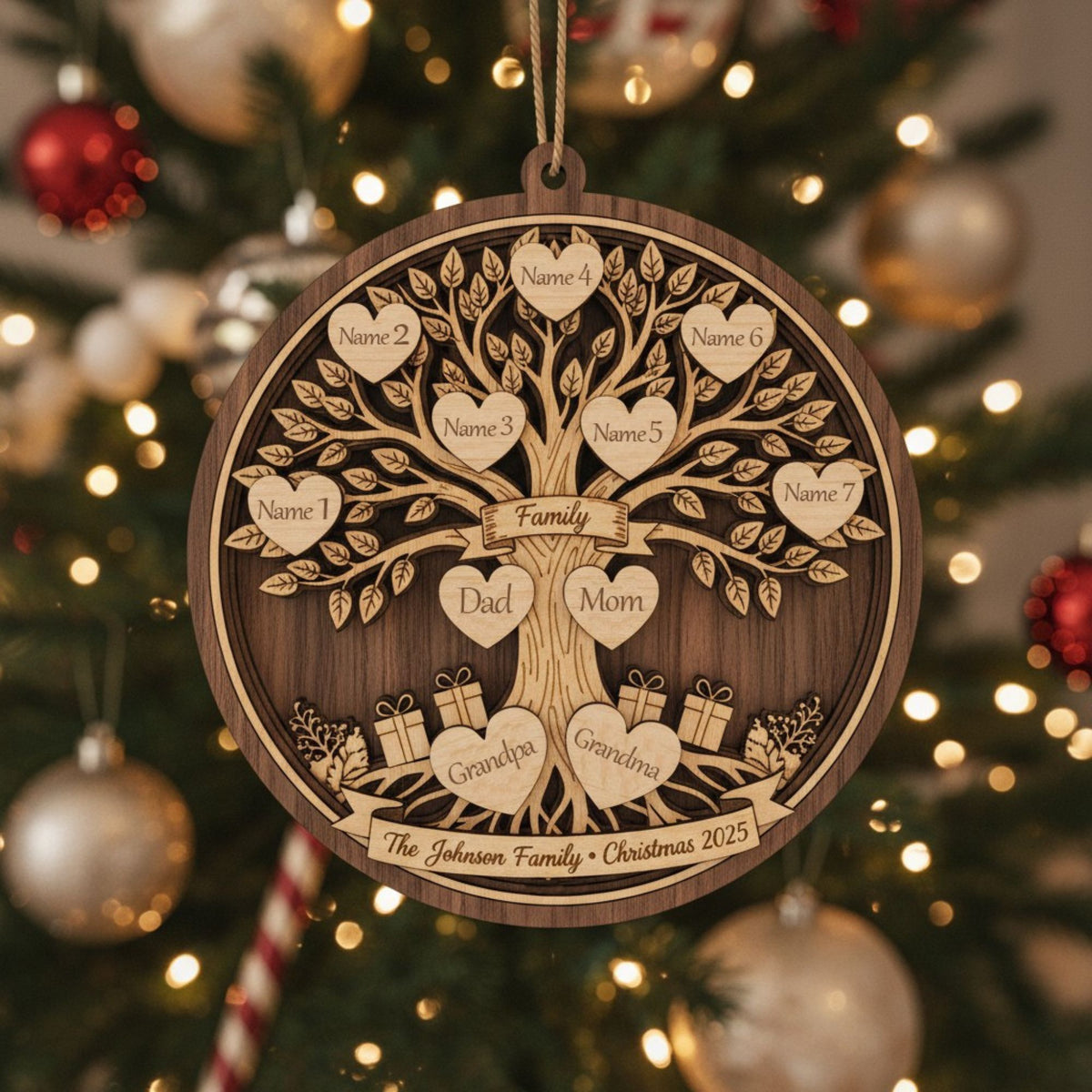 Personalized 3-Layer Double-Sided Wooden Ornament Family Christmas Tree