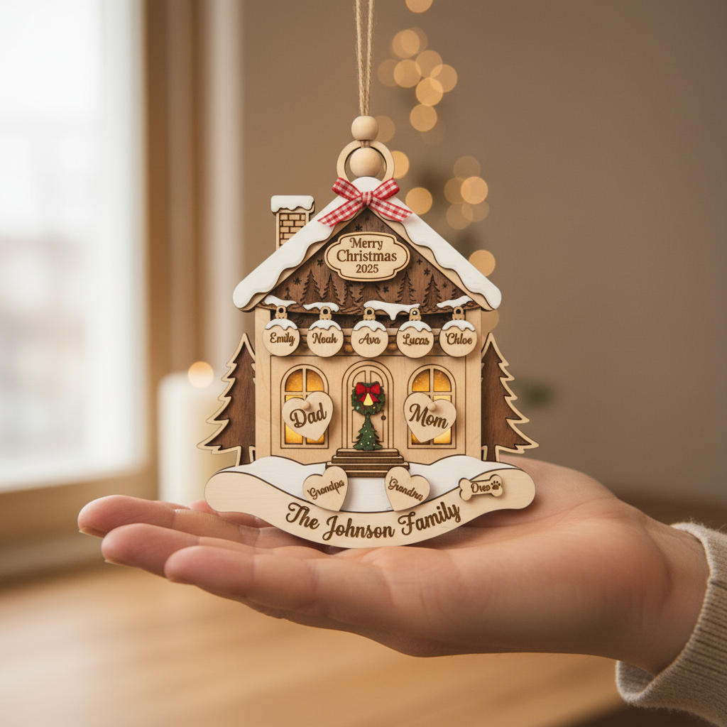 Personalized Family House Christmas 3 Layered Wooden Ornament