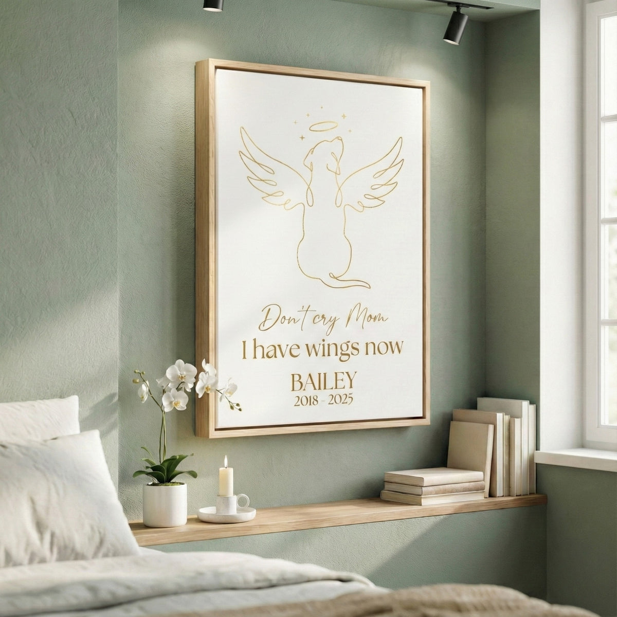 Gold Angel Dog Memorial Frame - Personalized Minimalist Pet Loss Line Art Canvas/ Poster