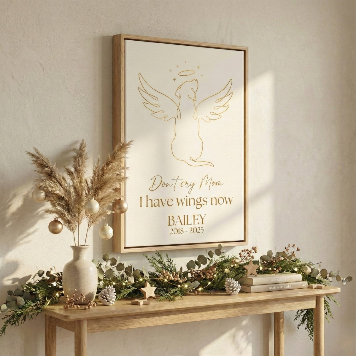 Gold Angel Dog Memorial Frame - Personalized Minimalist Pet Loss Line Art Canvas/ Poster