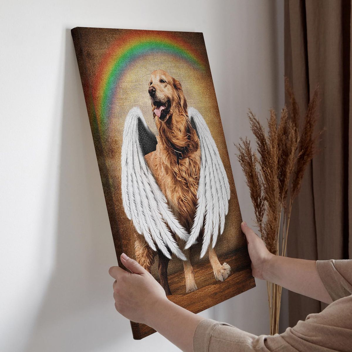 Rainbow Bridge Angel Dog Memorial Canvas - Personalized Photo & Wings Keepsake
