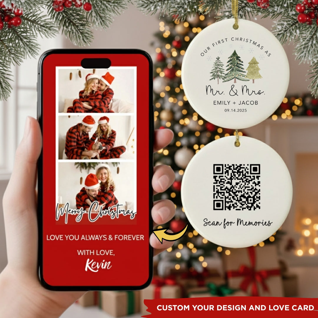 Personalized Our First Christmas As Mr and Mrs Ornament with QR Love Card