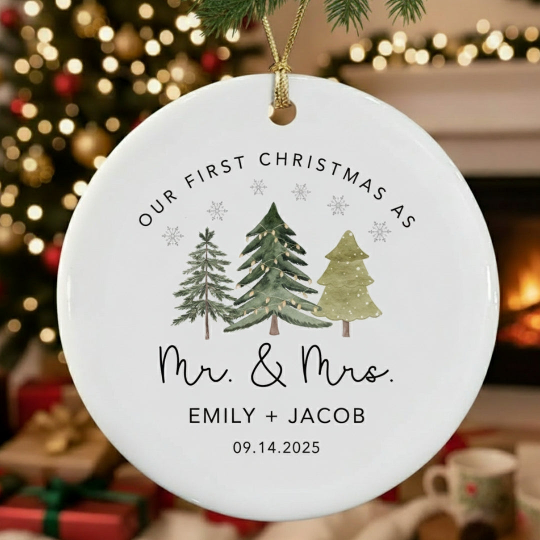 Personalized Our First Christmas As Mr and Mrs Ornament with QR Love Card