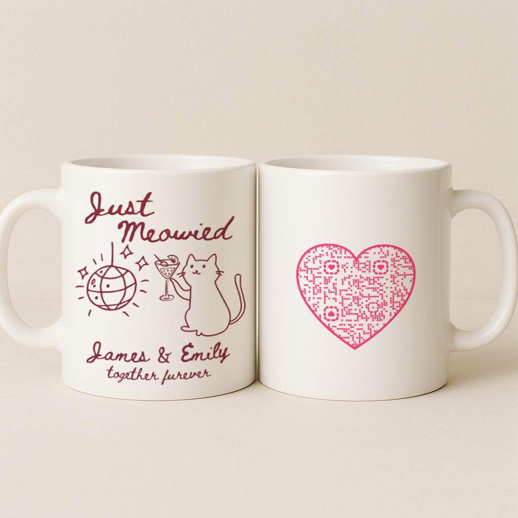 Personalized Just Meowied Cat Mug with Interactive QR Heart