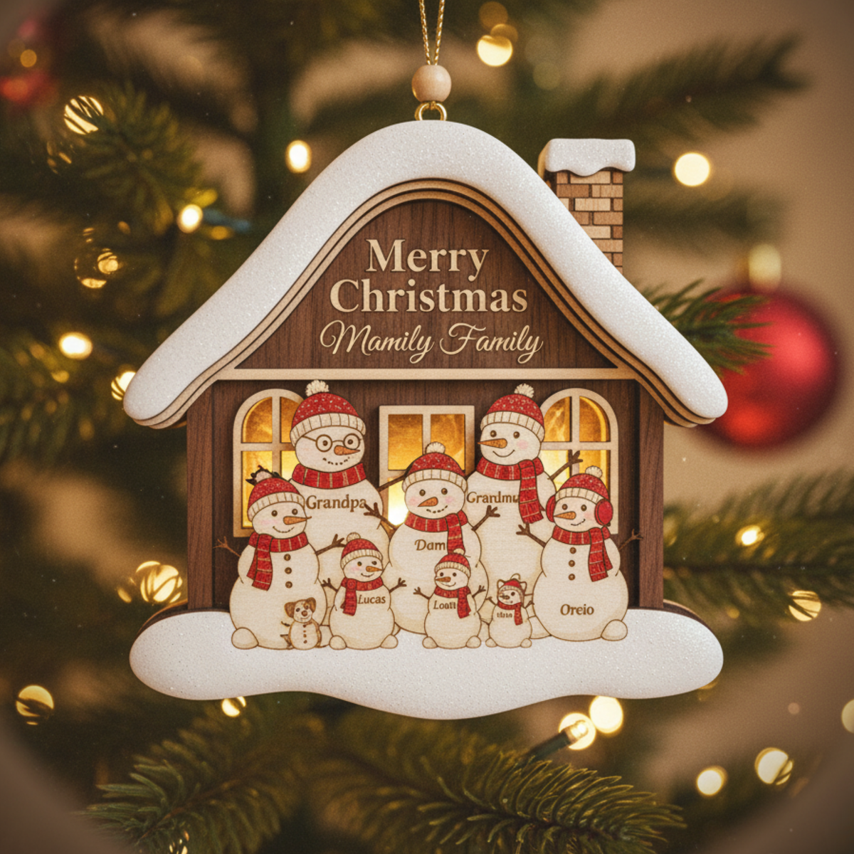 Personalized Family Snowman House Christmas 3 Layered Wooden Ornament