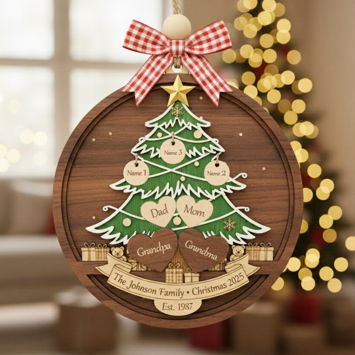 Custom Family Christmas Tree 3-Layer Double-Sided Wooden Ornament