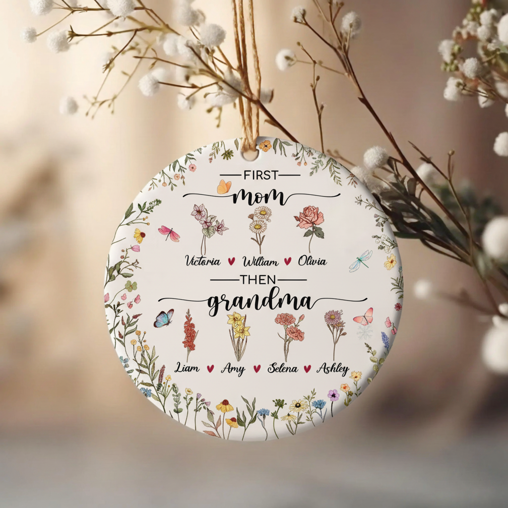 Birth Flower Ceramic Ornament for Mom and Grandma – Personalized Generational Garden Keepsake