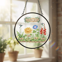 Birth Flower Stained Glass Suncatcher Ornament for Grandma – Personalized Grandkids Name Garden Keepsake