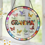 Heartfelt Butterfly Floral Stained Glass Suncatcher Ornament for Grandma – Personalized Grandkids Name Window Gift