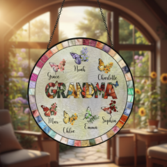 Heartfelt Butterfly Floral Stained Glass Suncatcher Ornament for Grandma – Personalized Grandkids Name Window Gift
