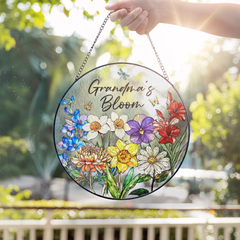 Mother’s Day Stained Glass Suncatcher Ornament for Grandma – Personalized Garden Bloom Keepsake