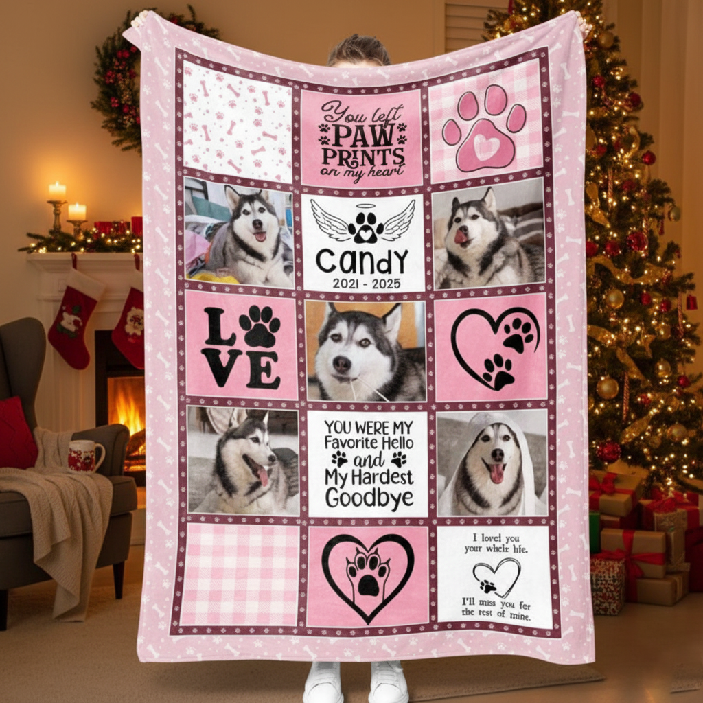 Pink Paw Prints Memorial Blanket - Personalized Dog Photo Keepsake Throw