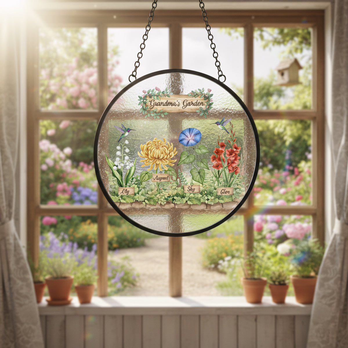 Birth Flower Stained Glass Suncatcher Ornament for Grandma – Personalized Grandkids Name Garden Keepsake