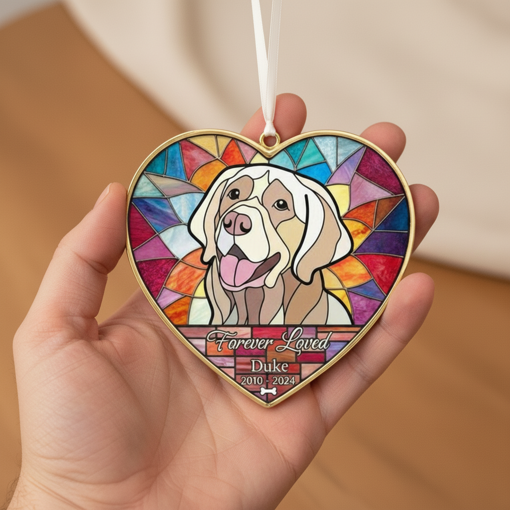 Personalized Stained Glass Dog Memorial Heart Ornament | Custom Pet Loss Suncatcher